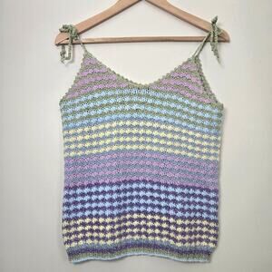 Rose Carmine Crochet Metallic Striped Tank Top Size 1 S M Pastel Handmade Knit